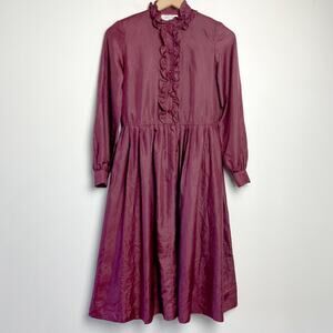 Vintage 80s Ruffle Front Midi Dress Small Burgundy High Neck Romantic Victorian